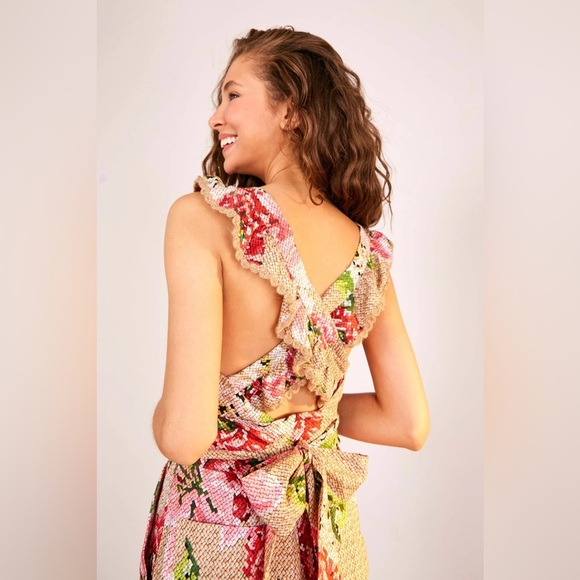 FARM Rio Pants - NWT Farm Rio Woven Romper Floral Crossed Back 100% Linen